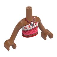Torse de mini-poupée Fille avec robe blanche / corail, décorations rouges, colliers rouge foncé, coque Pendentif motif imprimé, bras et mains brun terre de sienne (Minidoll Torso Girl with White/Coral Dress, Red Decorations, Dark Red Necklaces, Shell Pendant Print, Sienna Brown Arms and Hands)
