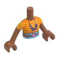 Torse de mini-poupée fille avec bras brun sienna et mains avec orange/brillant chemise à rayures orange clair, pantalon bleu clair vif, ceinture nougat, collier de bonbons motif imprimé (Minidoll Torso Girl with Sienna Brown Arms and Hands with Orange/Bright Light Orange Stripe Shirt, Bright Light Blue Pants, Nougat Belt, Candy Necklace Print)