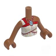 Torse de mini-poupée Fille avec les bras et les mains bruns de Sienna avec la robe blanche enveloppée, garniture rouge/rouge foncé, décorations de beige, modèle imprimé vert sable de coquille (Minidoll Torso Girl with Sienna Brown Arms and Hands with White Wrapped Dress, Red/Dark Red Trim, Tan Decorations, Sand Green Shell Print)