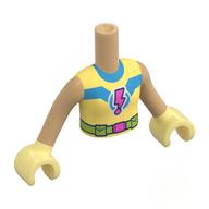 Torse de mini-poupée fille avec bleu 'V', point d'exclamation de la foudre rose foncé, vert citron utilitaire ceinture motif imprimé, bras beige chaud, mains jaune clair vif (Minidoll Torso Girl with Blue 'V', Dark Pink Lightning Exclamation Mark, Lime Utility Belt Print, Warm Tan Arms, Bright Light Yellow Hands)