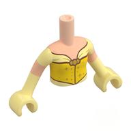 Visuel indicatif Rebrickable de Torse de mini-poupée Fille avec robe jaune/jaune clair, motif imprimé décorations or, bras nougat clair, mains jaune clair vif (Minidoll Torso Girl with Yellow/Bright Light Yellow Dress, Gold Decorations Print, Light Nougat Arms, Bright Light Yellow Hands)