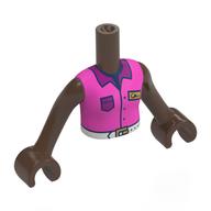 Torse de mini-poupée Fille avec chemise rose foncé, ceinture blanche, col magenta, poche, or ID Badge motif imprimé, bras et mains brun terre d’ombre (Minidoll Torso Girl with Dark Pink Shirt, White Belt, Magenta Collar, Pocket, Gold ID Badge Print, Umber Brown Arms and Hands)