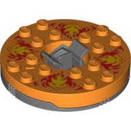 Visuel indicatif Rebrickable de Platine 6 x 6 ronde gris bleuté foncé Base avec dessus orange et visages jaunes sur motif imprimé rouge (Ninjago toupie) (Turntable 6 x 6 Round Dark Bluish Gray Base with Orange Top and Yellow Faces on Red Print (Ninjago Spinner))