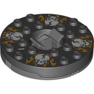 Visuel indicatif Rebrickable de Plateau tournant 6 x 6 rond gris bleuté foncé avec dessus noir avec crânes blancs sur motif imprimé orange (Ninjago toupie) (Turntable 6 x 6 Round Dark Bluish Gray Base with Black Top with White Skulls on Orange Print (Ninjago Spinner))