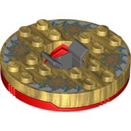 Visuel indicatif Rebrickable de Platine vinyle 6 x 6 base rouge ronde avec dessus en or nacré avec faces en or sur motif imprimé blanc et bleu (Ninjago toupie) (Turntable 6 x 6 Round Red Base with Pearl Gold Top with Gold Faces on White and Blue Print (Ninjago Spinner))