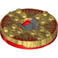 Visuel indicatif Rebrickable de Plateau tournant 6 x 6 base rouge ronde avec dessus en or nacré avec faces en or sur motif imprimé rouge (Ninjago toupie) (Turntable 6 x 6 Round Red Base with Pearl Gold Top with Gold Faces on Red Print (Ninjago Spinner))