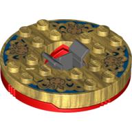 Visuel indicatif Rebrickable de Plateau tournant 6 x 6 base rouge ronde avec dessus en or nacré avec faces en or sur motif imprimé bleu (Ninjago toupie) (Turntable 6 x 6 Round Red Base with Pearl Gold Top with Gold Faces on Blue Print (Ninjago Spinner))