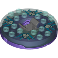 Visuel indicatif Rebrickable de Plateau tournant 6 x 6 rond violet foncé avec dessus bleu clair transparent et lueur dans les crânes opaques sombres sur motif imprimé bleu clair (Ninjago toupie) (Turntable 6 x 6 Round Dark Purple Base with Trans-Light Blue Top and Glow in the Dark Opaque Skulls on Light Blue Print (Ninjago Spinner))