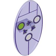 Visuel indicatif Rebrickable de Bouclier ovoïde avec grip et dimensions symbole clé de voûte avec 2 cercles blancs et 1 vert citron motif imprimé (Shield Ovoid with Grip and Dimensions Keystone Symbol with 2 White and 1 Lime Circles Print)