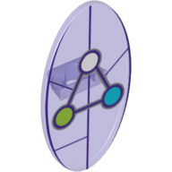 Visuel indicatif Rebrickable de Bouclier ovoïde avec grip et dimensions symbole de clé de voûte avec motif imprimé blanc, vert citron et azur moyen (Shield Ovoid with Grip and Dimensions Keystone Symbol with White, Lime and Medium Azure Circles Print)
