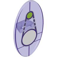 Visuel indicatif Rebrickable de Bouclier ovoïde avec grip et dimensions symbole clé de voûte avec 1 grand blanc, et 1 petit motif imprimé de cercles de vert citron (Shield Ovoid with Grip and Dimensions Keystone Symbol with 1 Large White, and 1 Small Lime Circles Print)