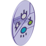 Visuel indicatif Rebrickable de Bouclier ovoïde avec grip et dimensions symbole de clé de voûte avec des cercles blancs, de vert citron et d'azur moyen, et motif imprimé éclair (Shield Ovoid with Grip and Dimensions Keystone Symbol with White, Lime and Medium Azure Circles, and Lightning Bolt Print)