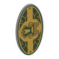 Visuel indicatif Rebrickable de Bouclier ovoïde avec poignée avec signe, fond vert foncé, décorations dorées, motif imprimé chaise (Shield Ovoid with Grip with Sign, Dark Green Background, Gold Decorations, Chair Print)