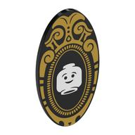 Visuel indicatif Rebrickable de Bouclier ovoïde avec poignée avec miroir magique, bordure dorée, motif imprimé tête de figurine blanche (Shield Ovoid with Grip with Magic Mirror, Gold Border, White Minifig Head Print)