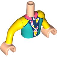 Visuel indicatif Rebrickable de Torse de mini-poupée Homme avec combinaison jaune/azur foncé, garniture bleu foncé, motif imprimé col corail, bras et mains nougat clair (Minidoll Torso Man with Yellow/Dark Azure Wetsuit, Dark Blue Trim, Coral Collar Print, Light Nougat Arms and Hands)
