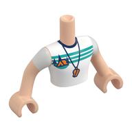 Torse de mini-poupée Homme avec sifflet, tente orange, arbres bleu foncé, ciel turquoise foncé, motif imprimé au sol, bras et mains nougat clair (Minidoll Torso Man with Whistle, Orange Tent, Dark Blue Trees, Dark Turquoise Sky, Ground Print, Light Nougat Arms and Hands)