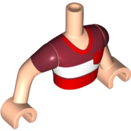 Torse de mini-poupée Homme avec rouge foncé et blanc rayé col en V chemise motif imprimé, bras et mains nougat clair (Minidoll Torso Man with Dark Red and White Striped V-Neck Shirt Print, Light Nougat Arms and Hands)