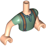 Visuel indicatif Rebrickable de Mini-poupée torse homme avec chemise vert sable avec bretelles marron motif imprimé, bras et mains nougat clair (Minidoll Torso Man with Sand Green Shirt with Brown Suspenders Print, Light Nougat Arms and Hands)