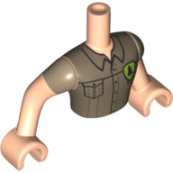 Visuel indicatif Rebrickable de Torse de mini-poupée Homme avec chemise, poches, boutons, pin en motif imprimé bouclier, bras et mains nougat clair (Minidoll Torso Man with Shirt, Pockets, Buttons, Pine Tree in Shield Print, Light Nougat Arms and Hands)