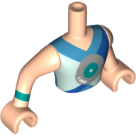Visuel indicatif Rebrickable de Mini-poupée torse homme avec des cercles turquoise/argent foncé, des formes azur/azur foncé/bleu clair, un bracelet turquoise foncé motif imprimé, bras et mains nougat clair (Minidoll Torso Man with Dark Turquoise/Silver Circles, Dark Azure/Light Aqua/Blue Shapes, Dark Turquoise Arm Band Print, Light Nougat Arms and Hands)