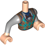 Visuel indicatif Rebrickable de Torse de mini-poupée Homme avec chemise à carreaux orange foncé/turquoise foncée, motif imprimé noeud papillon rouge foncé, bras gris bleuté foncé, mains nougat clair (Minidoll Torso Man with Dark Orange/Dark Turquoise Plaid Shirt, Dark Red Bow Tie Print, Dark Bluish Grey Arms, Light Nougat Hands)