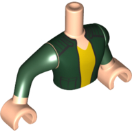 Visuel indicatif Rebrickable de Torse de mini-poupée Homme avec veste vert foncé, motif imprimé chemise jaune, bras et mains nougat clair (Minidoll Torso Man with Dark Green Jacket, Yellow Shirt Print, Light Nougat Arms and Hands)