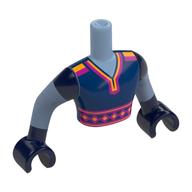 Visuel indicatif Rebrickable de Torse de mini-poupée Homme avec haut bleu foncé, motif imprimé Orange clair magenta/clair, mains bleu foncé (Minidoll Torso Man with Dark Blue Top, Magenta/Bright Light Orange Trim Print, Dark Blue Hands)