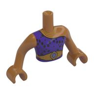 Visuel indicatif Rebrickable de Mini-poupée torse homme avec colliers en or, ceinture, bijou bleu clair lumineux, robe violet foncé, motif imprimé de taches noires, bras et mains nougat moyen (Minidoll Torso Man with Gold Necklaces, Belt, Bright Light Blue Jewel, Dark Purple Dress, Black Spots Print, Medium Nougat Arms and Hands)