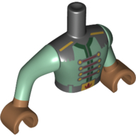 Visuel indicatif Rebrickable de Torse de mini-poupée Homme avec uniforme vert sable, ceinture noire, sangles rouge foncé, garniture vert foncé, garniture or, mains de nougat moyen (Minidoll Torso Man with Sand Green Uniform, Black Belt, Dark Red Straps, Dark Green Trim, Gold Trim, Medium Nougat Hands)