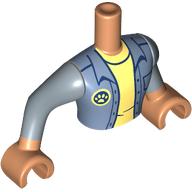 Visuel indicatif Rebrickable de Torse de mini-poupée Homme avec veste bleu sable, chemise jaune clair lumineux, motif imprimé patte, bras et mains nougat (Minidoll Torso Man with Sand Blue Jacket, Bright Light Yellow Shirt, Paw Print, Nougat Arms and Hands)