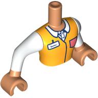 Visuel indicatif Rebrickable de Torse de mini-poupée Homme avec uniforme orange clair lumineux, étiquette de nom, motif imprimé poche corail, bras blancs, mains nougat (Minidoll Torso Man with Bright Light Orange Uniform, Name Tag, Coral Pocket Print, White Arms, Nougat Hands)