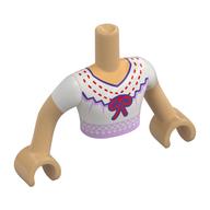 Torse de mini-poupée Homme avec robe blanche, décorations violet foncé / rose vif / rouge, motif imprimé arc rouge, bras et mains beige chaud (Minidoll Torso Man with White Dress, Dark Purple/Bright Pink/Red Decorations, Red Bow Print, Warm Tan Arms and Hands)
