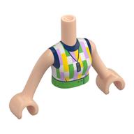 Visuel indicatif Rebrickable de Torse de mini-poupée Femme avec haut blanc, col bleu foncé, orange clair lumineux / vert / formes de Lavande, ceinture verte, motif imprimé collier, bras et mains nougat clair (Minidoll Torso Woman with White Top, Dark Blue Collar, Bright Light Orange/Green/Lavender Shapes, Green Belt, Necklace Print, Light Nougat Arms and Hands)