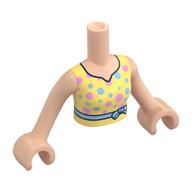 Visuel indicatif Rebrickable de Mini-poupée torse femme avec robe jaune clair lumineux, ceinture bleu clair lumineux, bleu clair lumineux / rose vif points motif imprimé, bras et mains nougat clair (Minidoll Torso Woman with Bright Light Yellow Dress, Bright Light Blue Belt, Bright Light Blue/Bright Pink Dots Print, Light Nougat Arms and Hands)