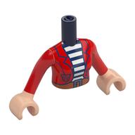 Torse de mini-poupée Femme avec veste rouge, chemise rayée bleu foncé/blanc, motif : ceinture orange foncé, bras et mains nougat clair (Minidoll Torso Woman with Red Jacket, Dark Blue/White Striped Shirt, Dark Orange Belt Print, Light Nougat Arms and Hands)