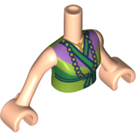 Visuel indicatif Rebrickable de Torse de mini-poupée Femme avec de la vert citron avec manteau vert / robe, garniture de lavande, motif imprimé collier de perles, bras et mains nougat clair (Minidoll Torso Woman with Lime with Green Coat/Dress, Lavender Trim, Pearl Necklace Print, Light Nougat Arms and Hands)