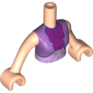 Torse de mini-poupée Femme avec robe de lavande, noeud magenta, bleu foncé bordure motif imprimé, bras et mains nougat clair (Minidoll Torso Woman with Lavender Dress, Magenta Bow, Dark Blue Trim Print, Light Nougat Arms and Hands)