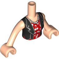 Visuel indicatif Rebrickable de Torse de mini-poupée Femme Veste noire, robe rouge, motif imprimé collier de perles, bras et mains nougat clair (Minidoll Torso Woman Black Jacket, Red Dress, Pearl Necklace Print, Light Nougat Arms and Hands)