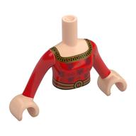 Visuel indicatif Rebrickable de Torse de mini-poupée Femme avec robe rouge/rouge foncé, col doré, motif imprimé ceinture, bras et mains nougat clair (Minidoll Torso Woman with Red/Dark Red Dress, Gold Collar, Belt Print, Light Nougat Arms and Hands)