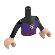 Torse de mini-poupée Femme avec robe violet foncé, manches noires, bijou rouge, motif : ceinture, bras et mains nougat clair (Minidoll Torso Woman with Dark Purple Dress, Black Sleeves, Red Jewel, Belt Print, Light Nougat Arms and Hands)