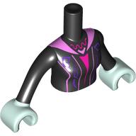 Torse de mini-poupée Femme avec robe, violet foncé, rose foncé, rayures rose vif, motif imprimé col rose vif bras noirs et mains vert d’eau clair (Minidoll Torso Woman with Dress, Dark Purple, Dark Pink, Bright Pink Stripes, Bright Pink Collar Print Black Arms and Light Aqua Hands)