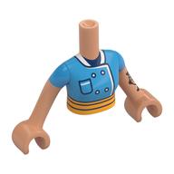 Visuel indicatif Rebrickable de Torse de mini-poupée Femme avec l'uniforme d'azur foncé, garniture blanche/bleu foncé, modèle imprimé de ceinture orange clair lumineux, bras et mains nougat (Minidoll Torso Woman with Dark Azure Uniform, White/Dark Blue Trim, Bright Light Orange Belt Print, Nougat Arms and Hands)