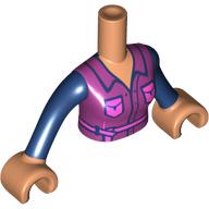 Visuel indicatif Rebrickable de Torse de mini-poupée Femme avec veste magenta, poches rose foncé, ceinture, motif imprimé manches bleu foncé, bras et mains nougat (Minidoll Torso Woman with Magenta Jacket, Dark Pink Pockets, Belt, Dark Blue Sleeves Print, Nougat Arms and Hands)