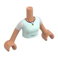 Visuel indicatif Rebrickable de Torse de mini-poupée Femme avec vert d’eau clair haut, manches blanches, bord bleu foncé, motif imprimé collier, bras et mains nougat (Minidoll Torso Woman with Light Aqua Top, White Sleeves, Dark Blue Trim, Necklace Print, Nougat Arms and Hands)
