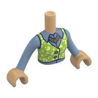 Visuel indicatif Rebrickable de Torse de mini-poupée Femme avec vert citron / jaune veste verte, bord bleu foncé, chemise bleu sable, collier de perles motif imprimé, bras et mains beige chaud (Minidoll Torso Woman with Lime/Yellowish Green Jacket, Dark Blue Trim, Sand Blue Shirt, Pearl Necklace Print, Warm Tan Arms and Hands)