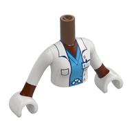 Mini-poupée torse femme avec blouse de laboratoire, badge id, sombre bleu azur v-cou chemise motif imprimé, bras brun rougeâtre, mains blanches (Minidoll Torso Woman with Lab Coat, ID Badge, Dark Azure V-Neck Shirt Print, Reddish Brown Arms, White Hands)