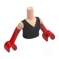 Visuel indicatif Rebrickable de Torse de mini-poupée Femme avec robe noire, Nougat clair Motif imprimé épaules, bras et mains rouges (Minidoll Torso Woman with Black Dress, Light Nougat Shoulders Print, Red Arms and Hands)