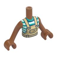 Visuel indicatif Rebrickable de Mini-poupée torse femme avec beige ensemble, blanc / turquoise foncé rayures chemise motif imprimé, bras et mains brun terre de sienne (Minidoll Torso Woman with Tan Overall, White/Dark Turquoise Stripes Shirt Print, Sienna Brown Arms and Hands)