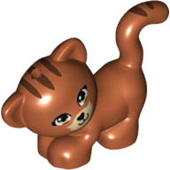 Visuel indicatif Rebrickable de Animal, chat, debout, regardant à gauche avec des yeux beige, le nez noir et la bouche et rayures brunes motif imprimé (Animal, Cat, Standing, Looking Left with Tan Eyes, Black Nose and Mouth and Brown Stripes Print)