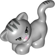 Visuel indicatif Rebrickable de Animal, Chat, Debout, Regard vers la gauche avec des yeux vert clair, Nez et bouche rose foncé et rayures gris bleuté foncé (Animal, Cat, Standing, Looking Left with Light Green Eyes, Dark Pink Nose and Mouth and Dark Bluish Gray Stripes Print)